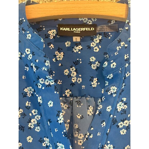 Karl Lagerfeld Paris Blue Floral Button-Down Blouse Lightweight 3/4 Sleeves Wome - Picture 3 of 9